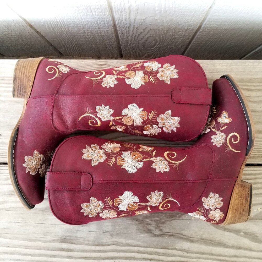 Roper Flower Embroidery Womens Wine Cowboy Western Boots 9 M - Picture 6 of 13